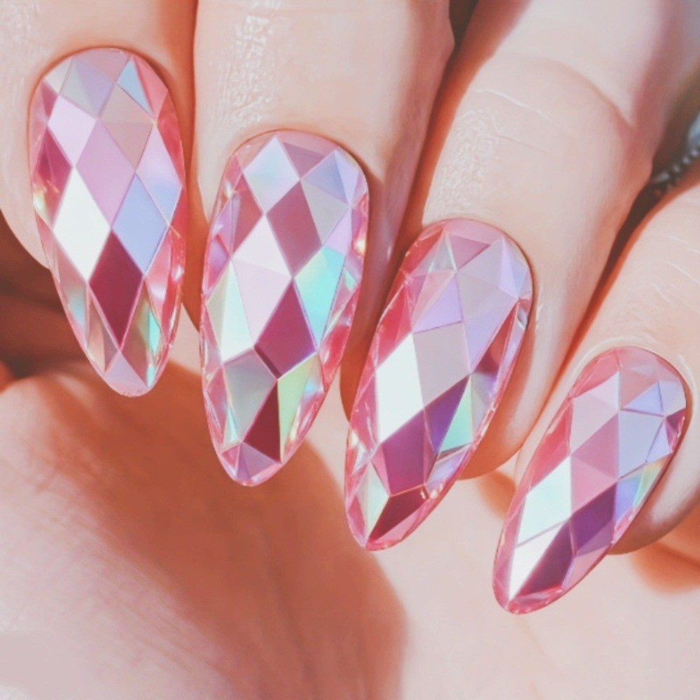 24pcs 3D Rhombus Press-On Nails, Electroplated Almond Fake Tips for Women