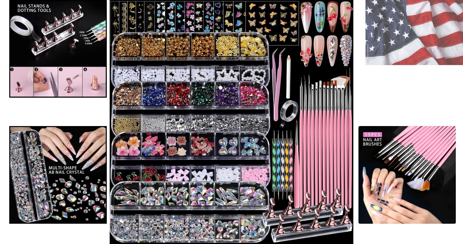 4 Boxes Nail Charms and Gems Set, Nail Rhinestones Nail Kit with Nail Art Bru…