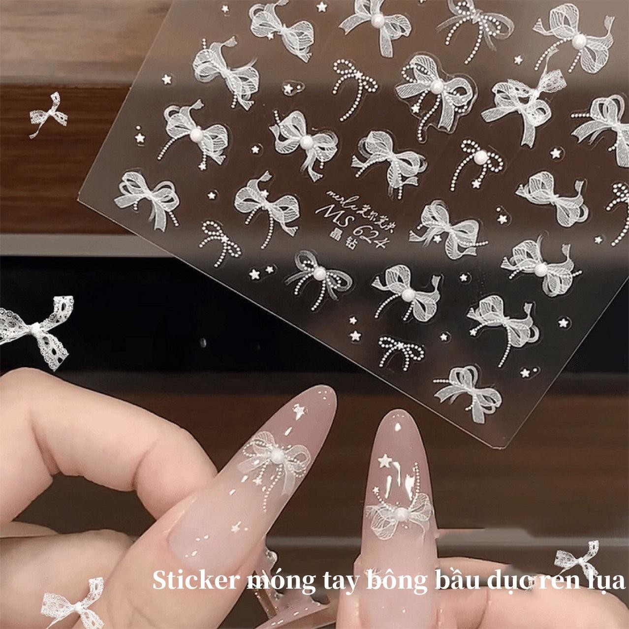 DIY Nail Art Stickers, White 5D Lace Bows with Pearls & Crystals – Self-Adhesive