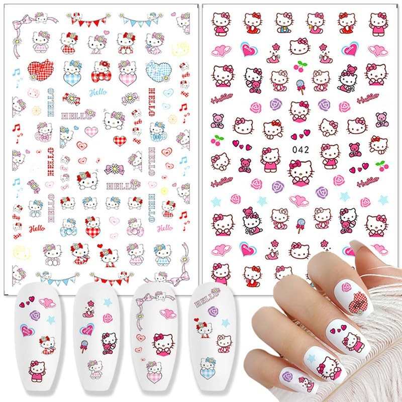 8 Sheets Cute Nail Art Stickers Decals 3D Cartoon Adhesive Nail Decals Design…