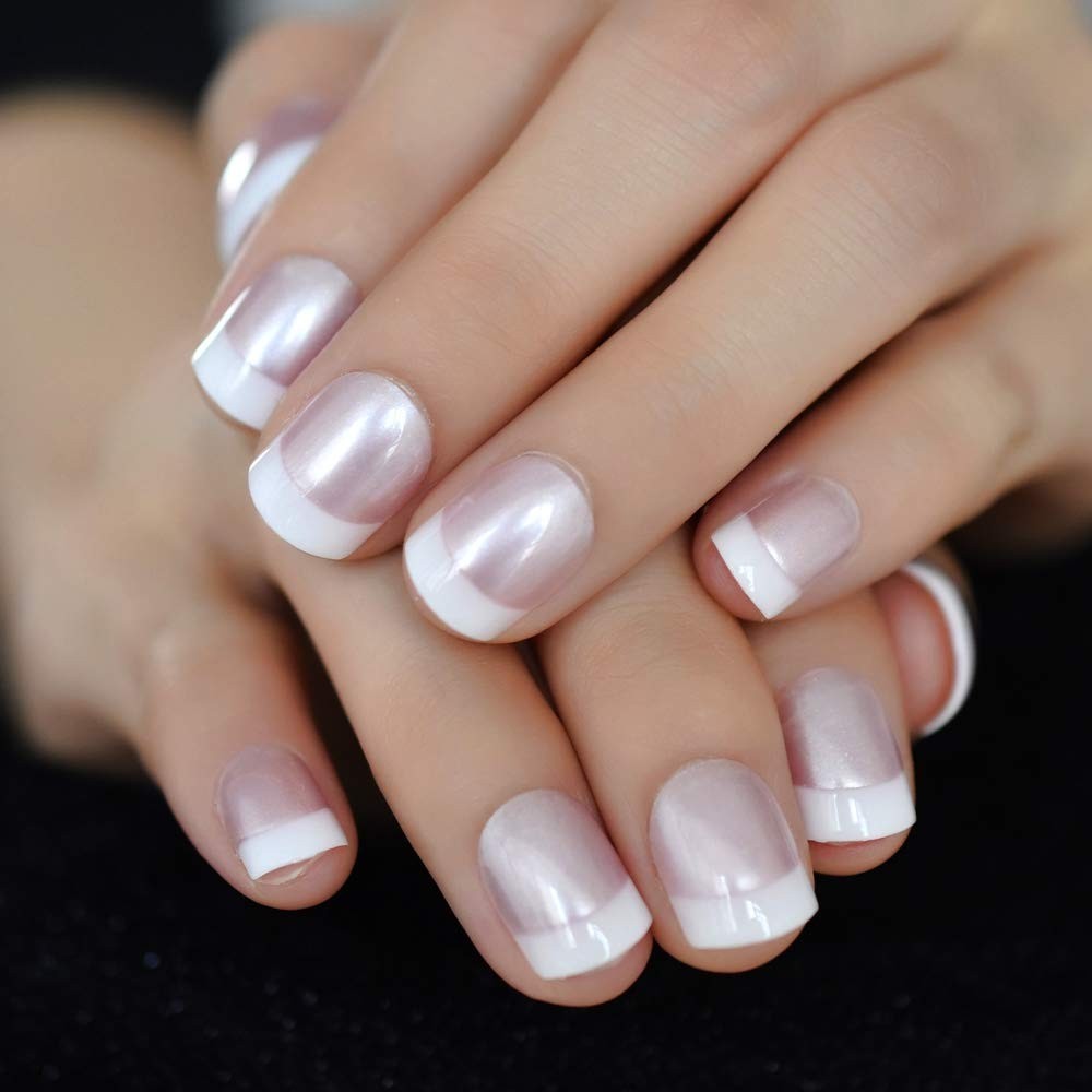 Elegant Pearl Shine Pink Fake Nails – 24 Glossy French Tips for Effortless Style