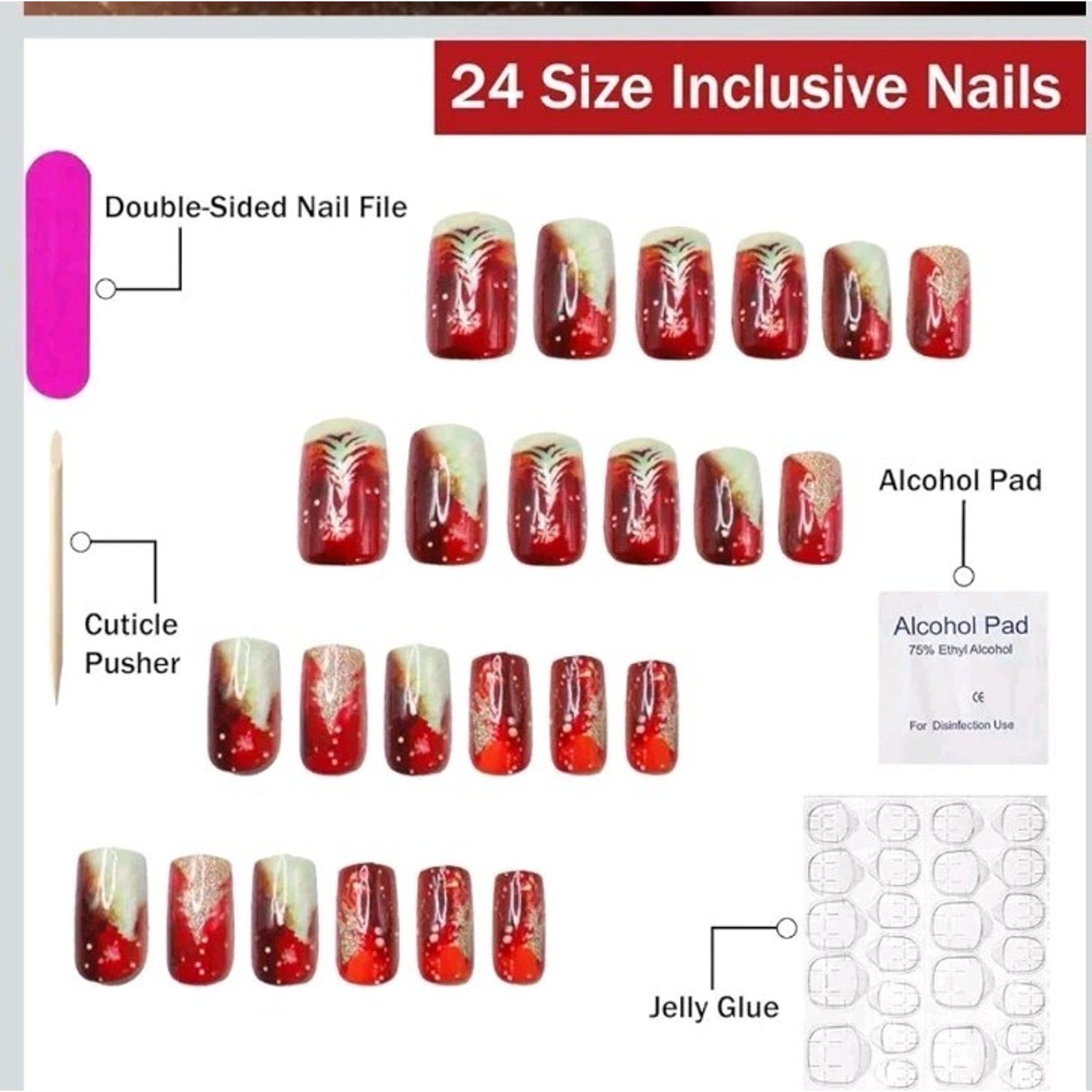 Christmas Press on Nails Medium Square SWEKKE Red & Gold Fake Nails Winter False