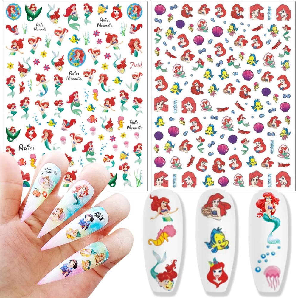 8 Sheets Cute Cartoon Nail Art Stickers Decals 3D Adhesive Kawaii Mermaid Des…