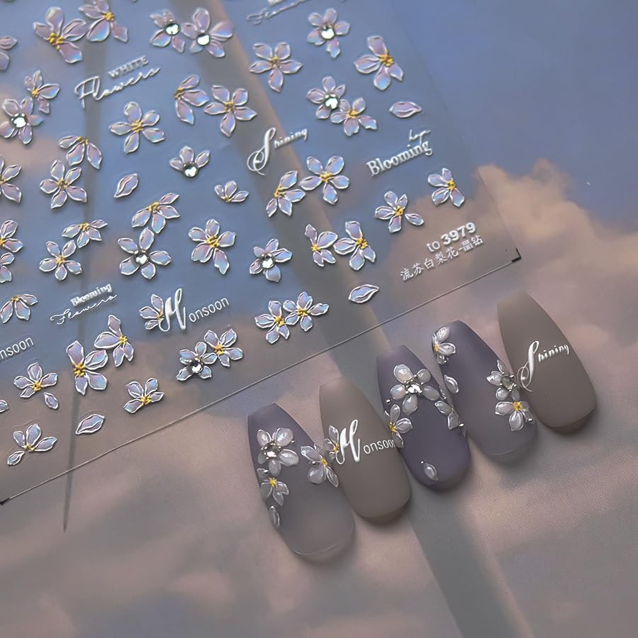 Flower Nail Art Stickers Decals 5D Embossed Pink pink shiny diamond flower