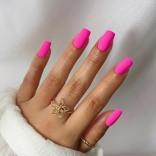 Matte Hot Pink Press on Nails Short Medium Square Glue on square mat hot pink