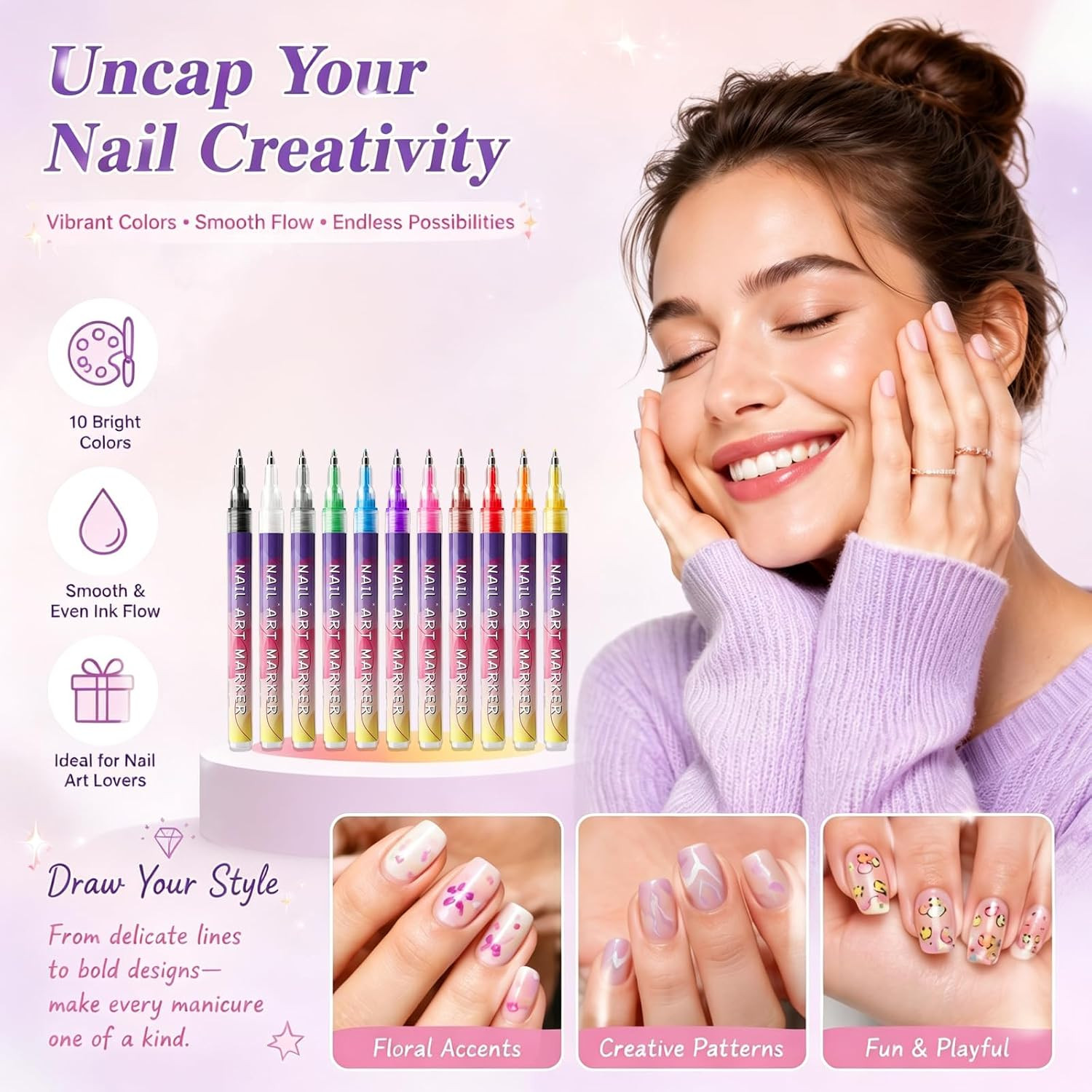 12 Color Nail Art Pens, 0.5Mm Micro Tip Nail Polish Markers, Quick Dry & Non-Tox