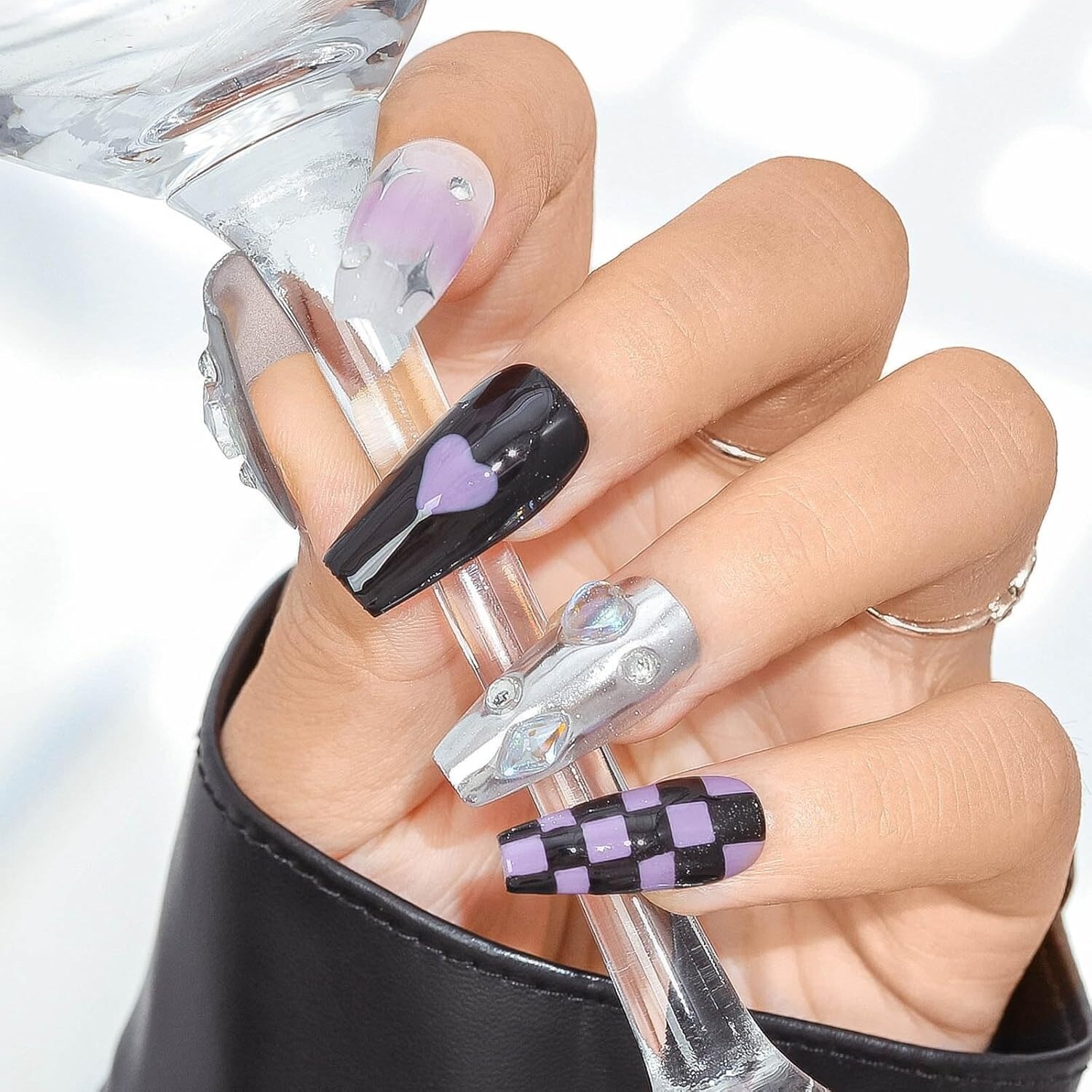 10 Piece 3D Reusable Handmade Press On Nails Metallic Chess