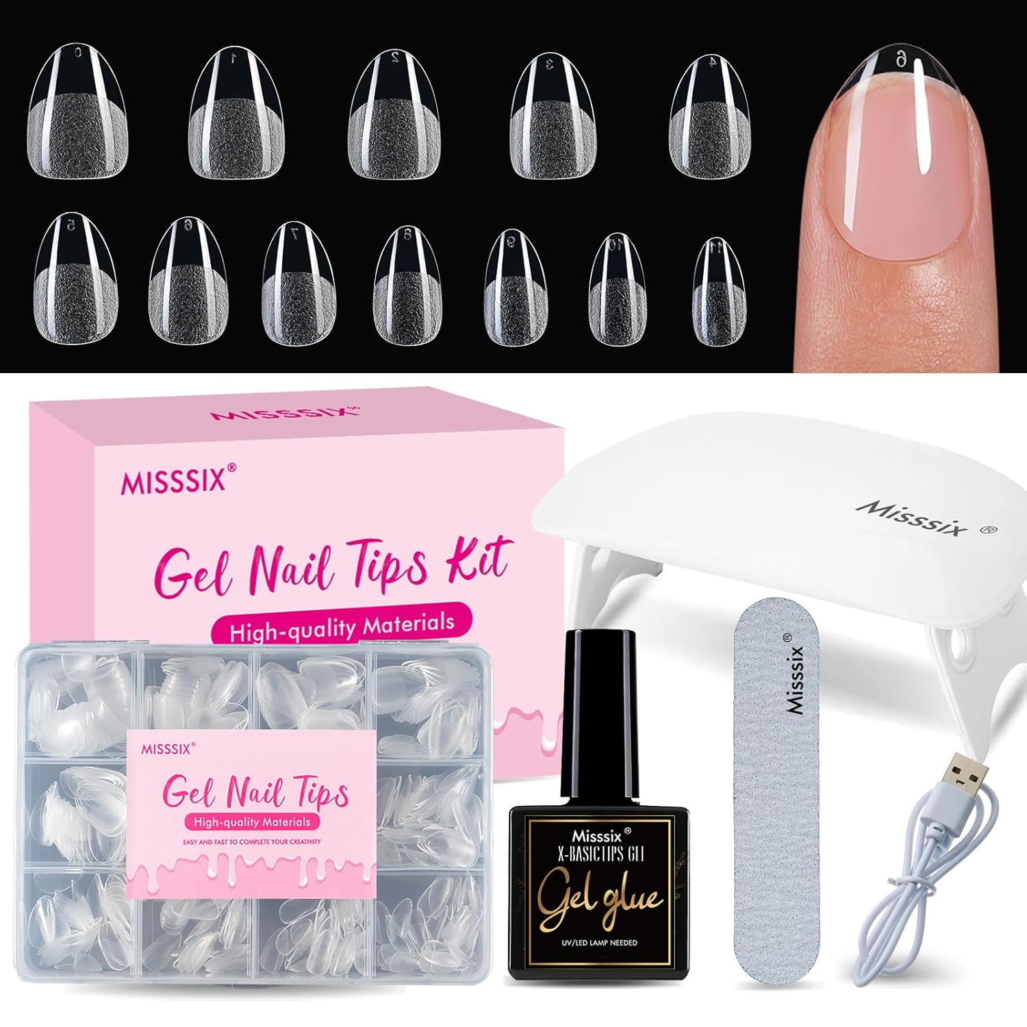 Extra Short Almond Gel Nail Tips Kit, 216Pcs Pre Etched Clear Nails | Full Cover