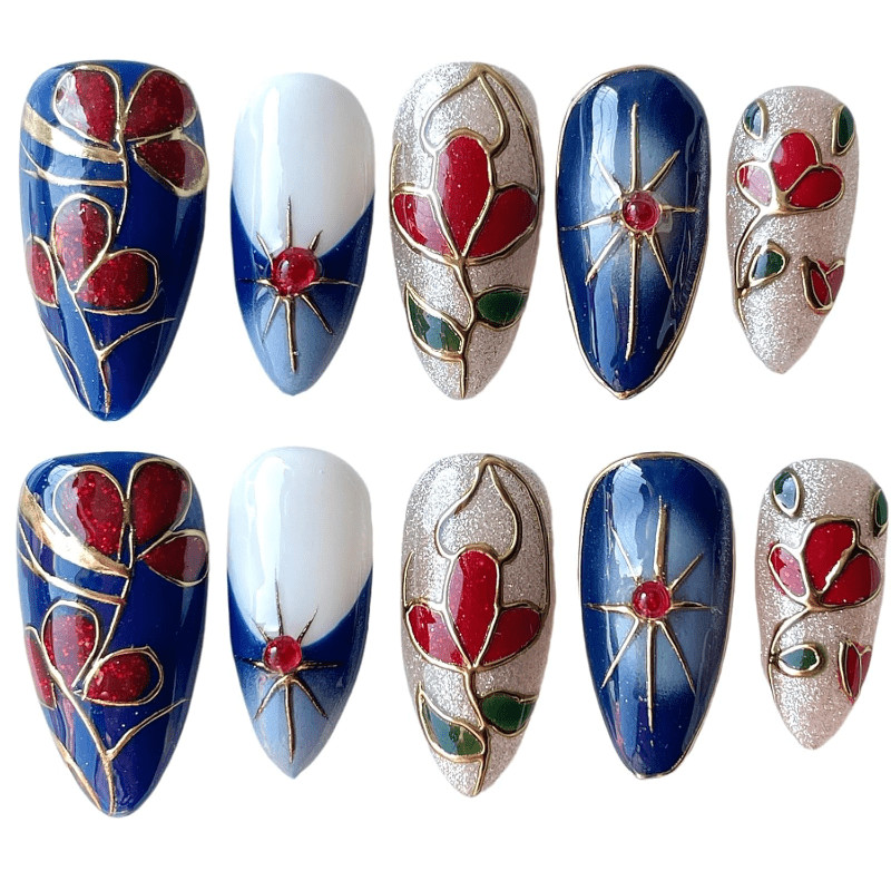 Handmade Floral Starburst Gold Press on Nails Medium Almond Blue Red Enamel Art