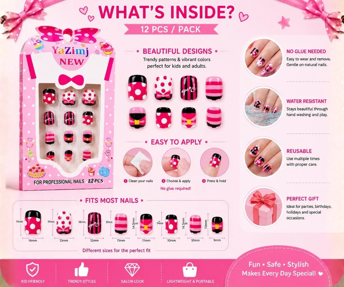 12PCS Kids Press On Nails Fake False Nail Art Set Glue Free Reusable for Girls