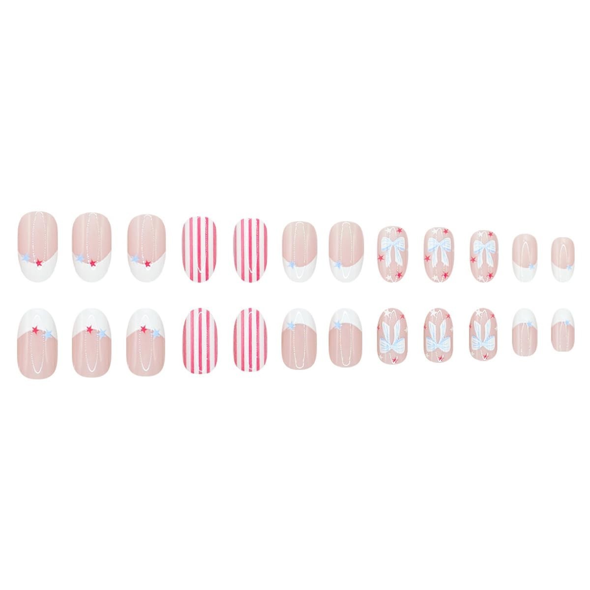 4th of July Press on Nails Short Oval – Red White & Blue French Tip with Stri…