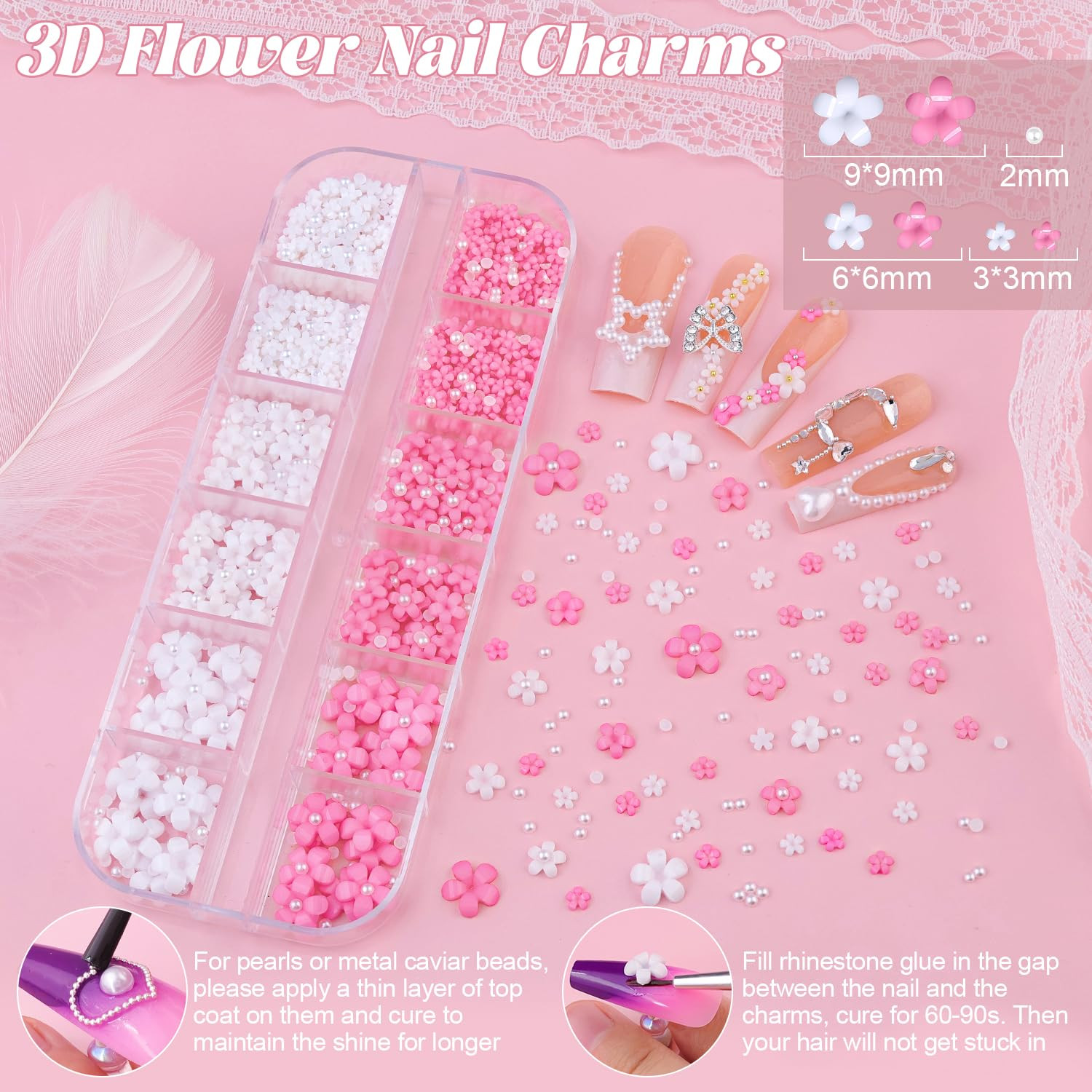 2 Boxes Metal Nail Beads (Silver+Gold) and 3D Flowers for Nail Art, Flatback Pea