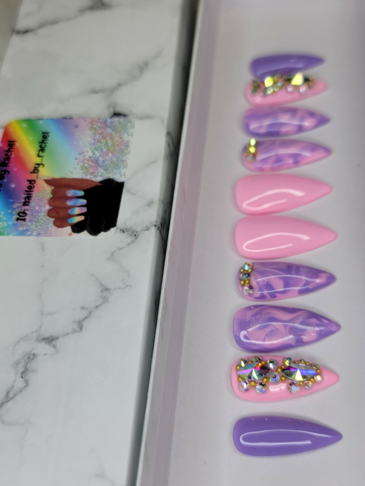 Pink & purple marble bling press on nails stiletto watercolor spring pastel nail