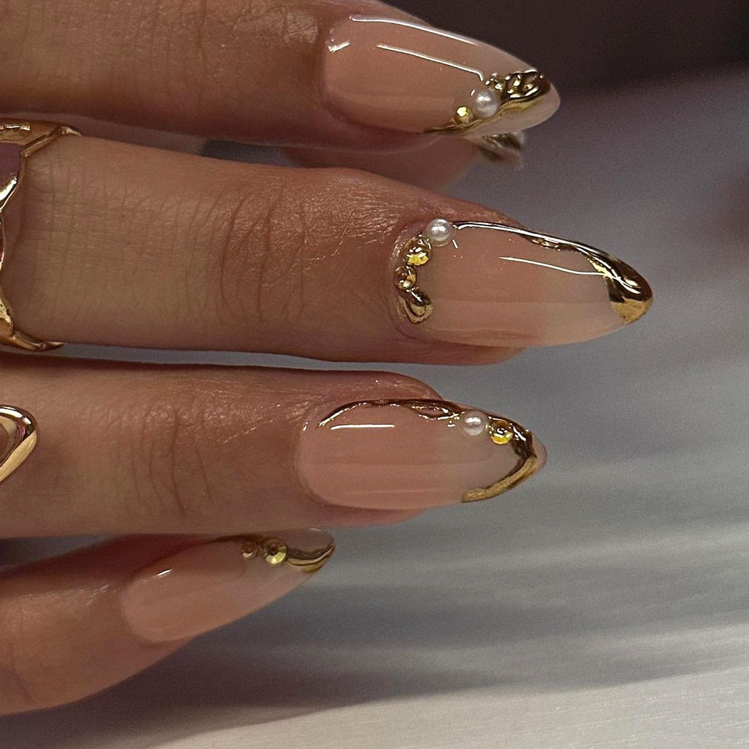 Almond Press on Nails Medium Glue Gold French Fake Medium, Gold-2