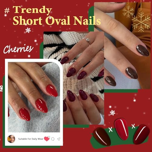 Red Press On Nails Short Oval, Short Fake Nails Acrylic Nails Press glossy red