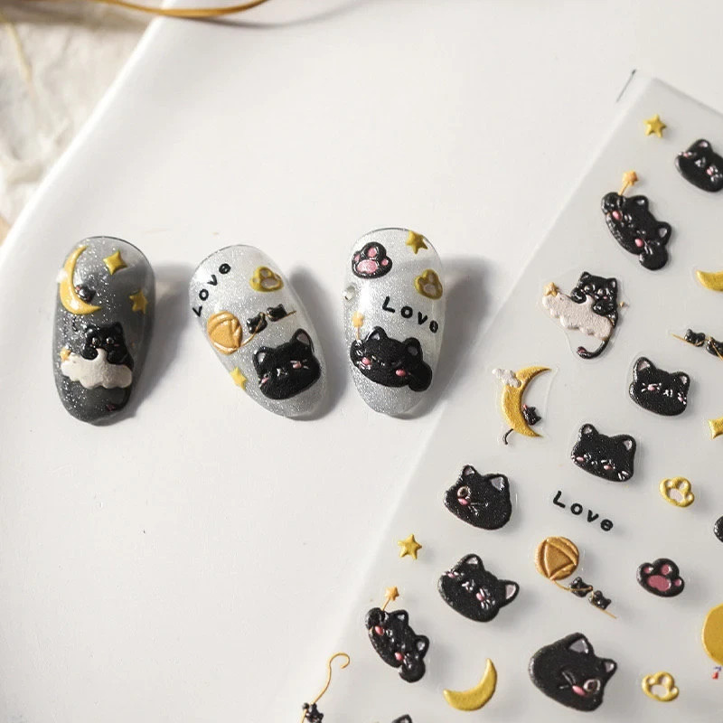 Moonlit Cat Nail Stickers – Black Cats, Moons & Stars Nail Decals (187)