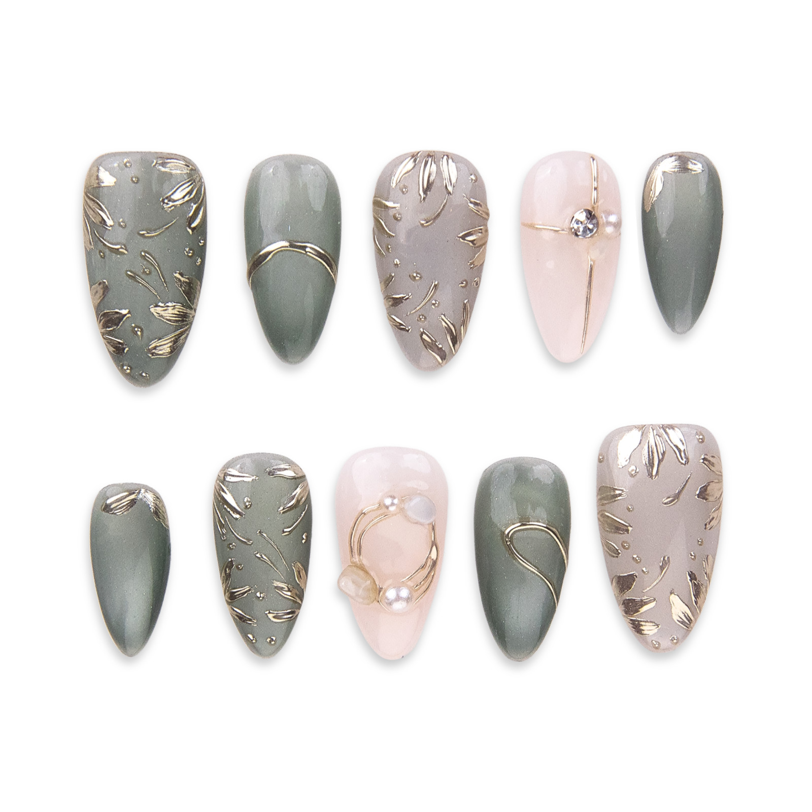 SIYOU | Emerald Grace | (Short Almond) Green White Press-On Nails (10pc Kit)