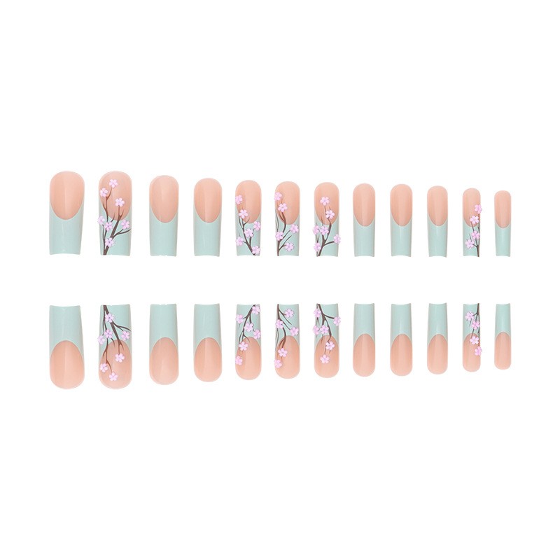 48P Long Coffin Press on Nails, Mint Green 3D Cherry Blossom Glossy Fake Nails