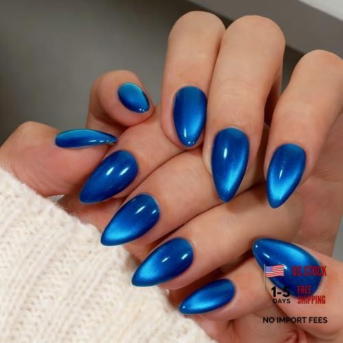 Almond – Cat Eye Press on Nails with Glue – Cateye Royal Blue