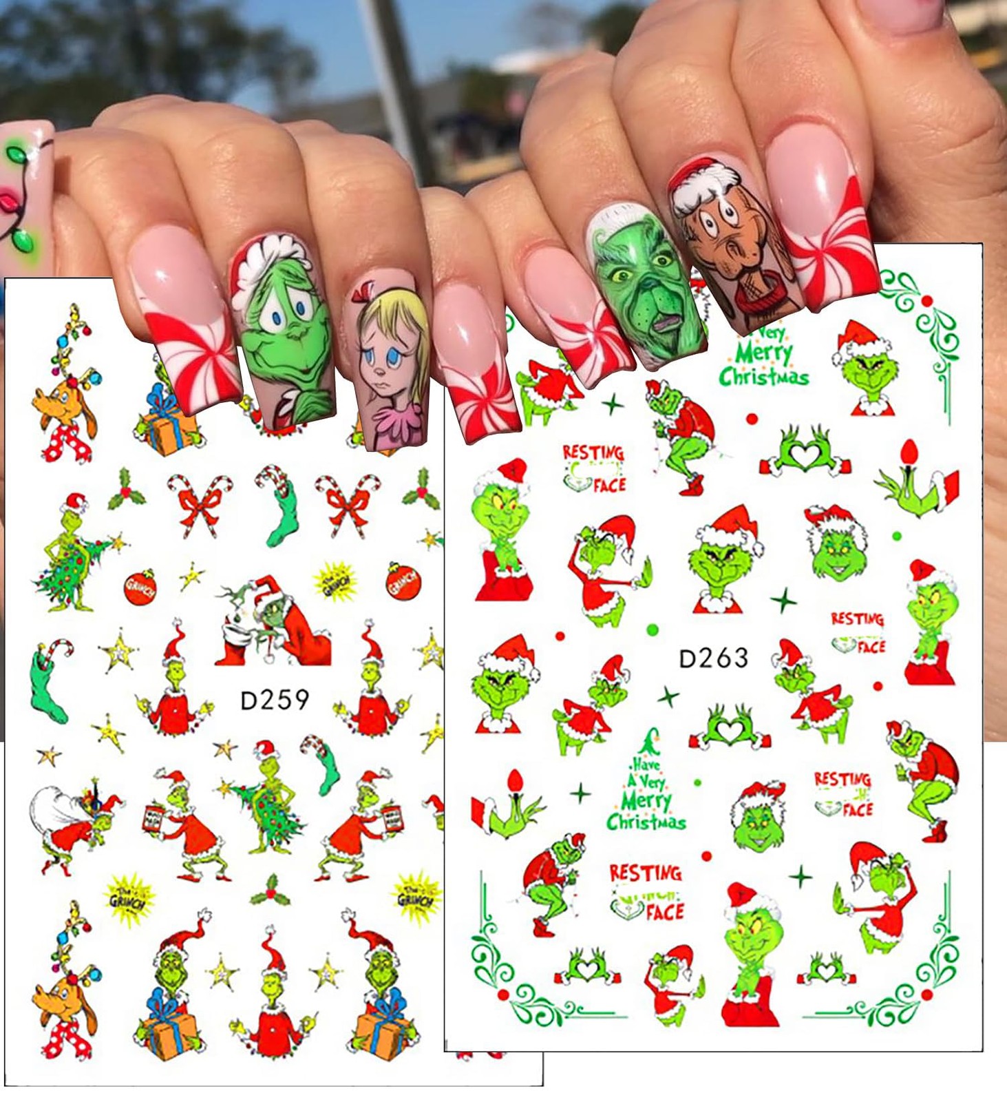 12Sheets Christmas Nail Art Stickers Green Fun Cartoon Santa Claus Designs Na…