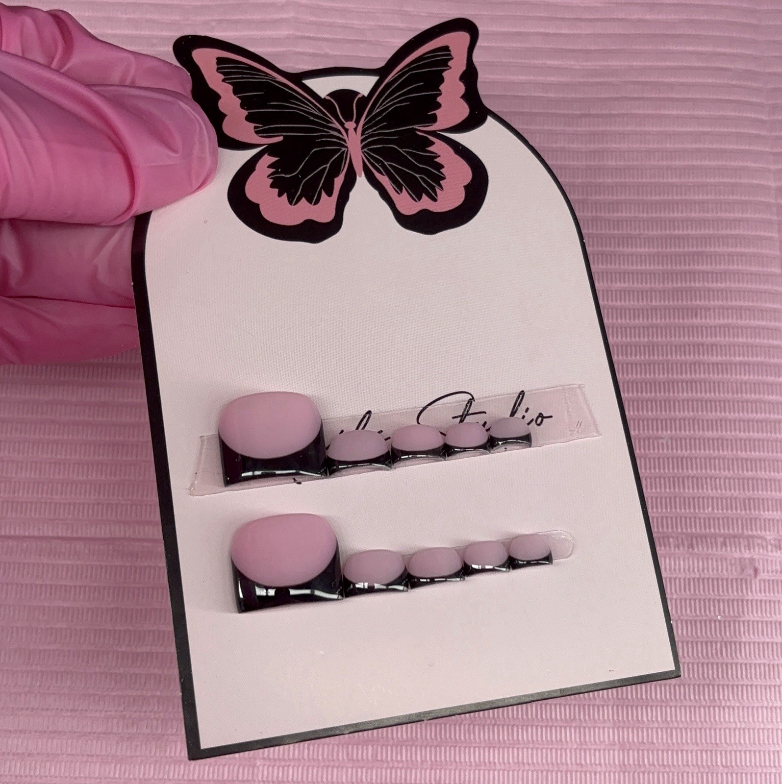 press on toenails pink nude black French tips handmade custom gel