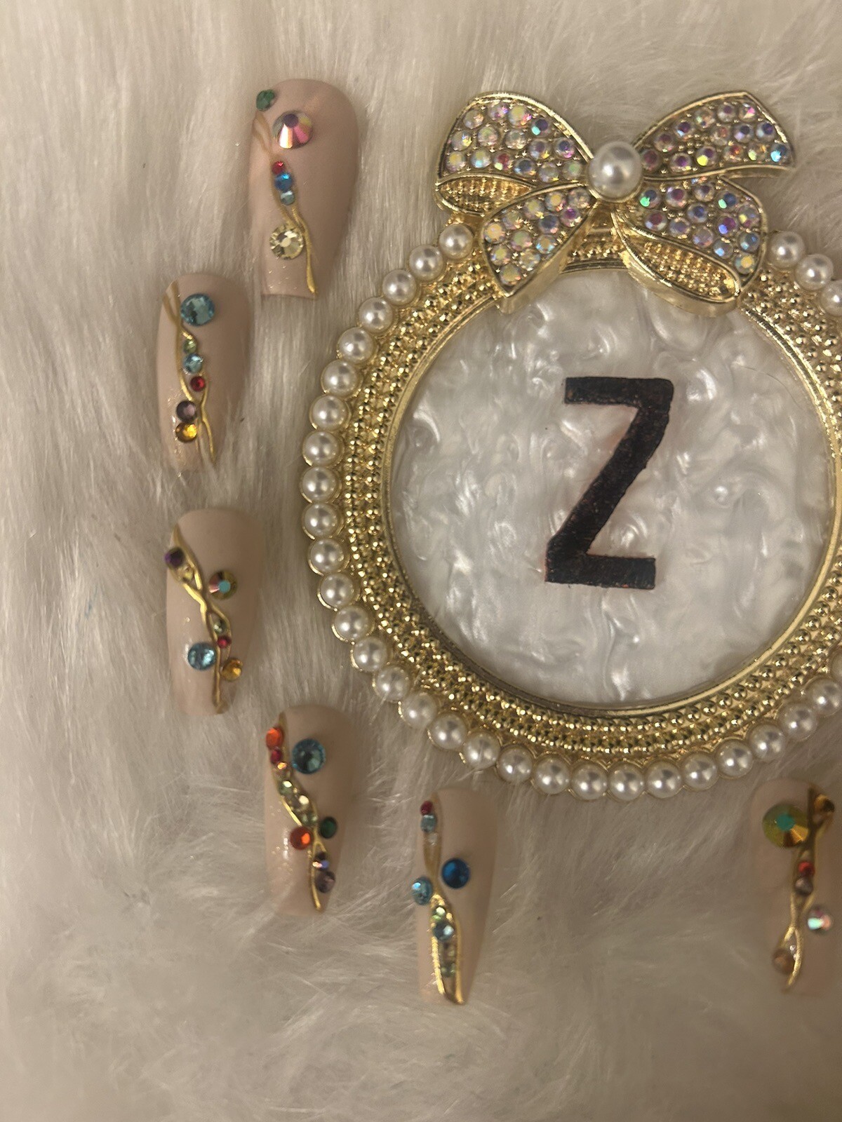 Z NAILZ! Gorgeous Handmade Set Of M Coffin Beige W/multicolored Stones Press Ons