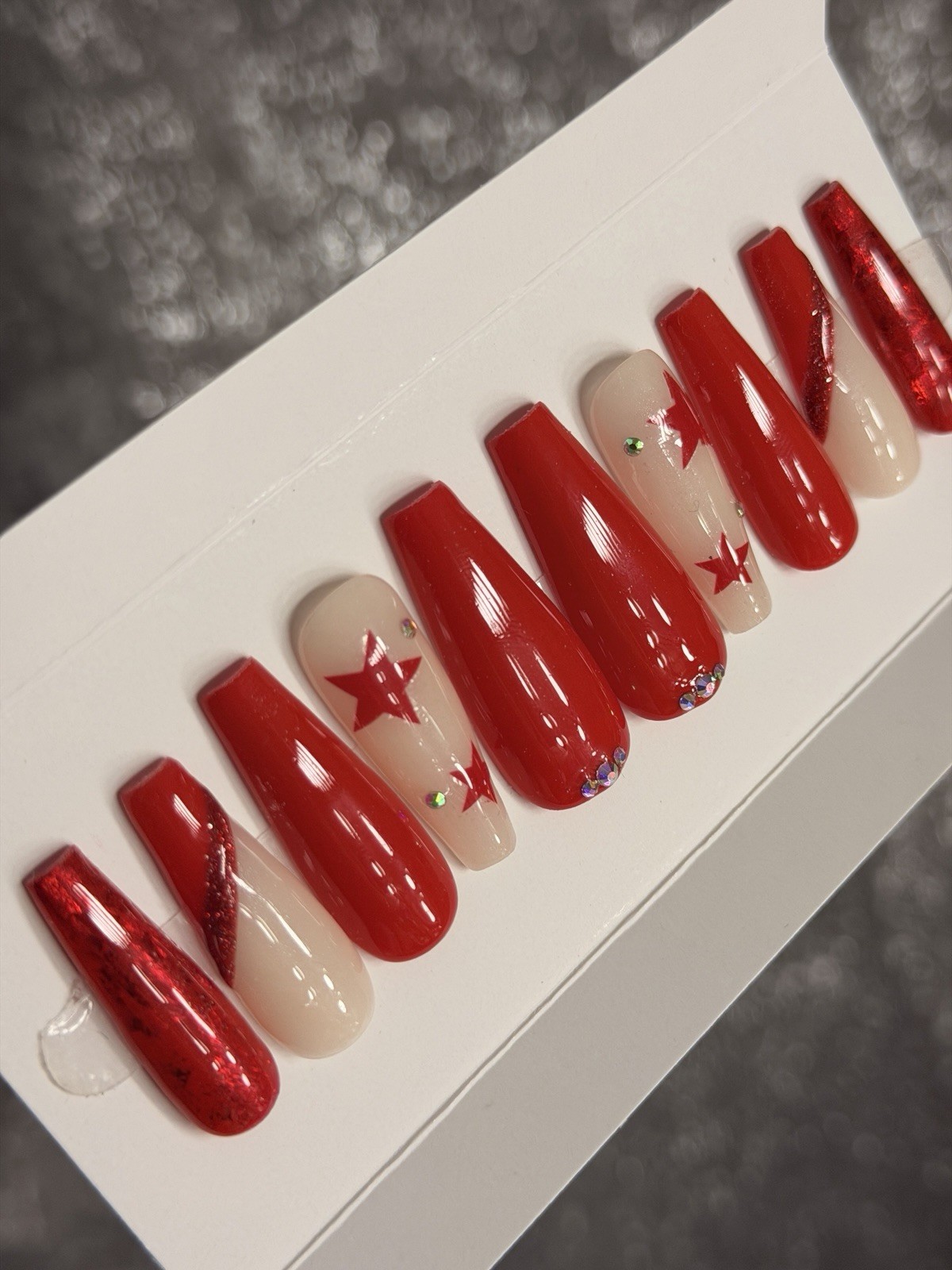 ✨ CUSTOM Press On Nails RED STAR BLING 10p SET W Kit