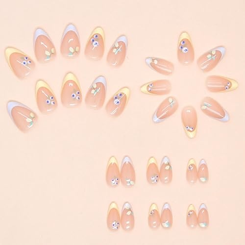 Almond Press on Nails – Short Fake Nails – Yellow Light Blue – French Tip Fruits