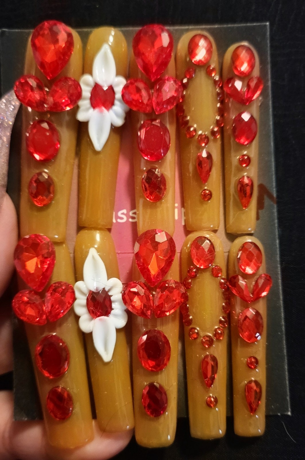 Handmade XLong Square Press-On Nails Brown/Red/White 3D Crystals-M