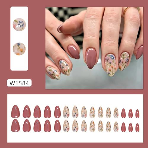 Almond Nails Press on Nails Medium Flower False Nails Colorful Floral Design