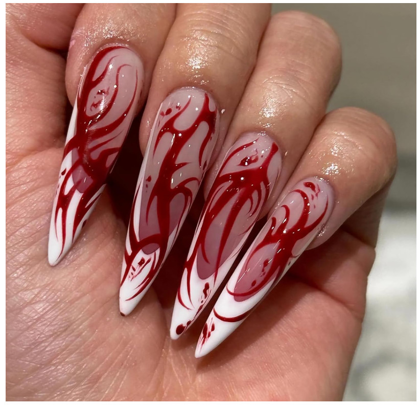 24 PCS Long Almond Acrylic French Tip Nails w/ Red Flames w/Sticky Tab Glue