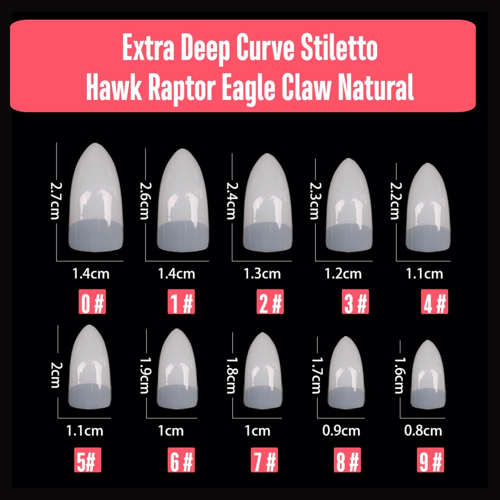 500 Pcs Halloween Stiletto False Nails – Curved Raptor Claw Tips, 10 Sizes, Acry