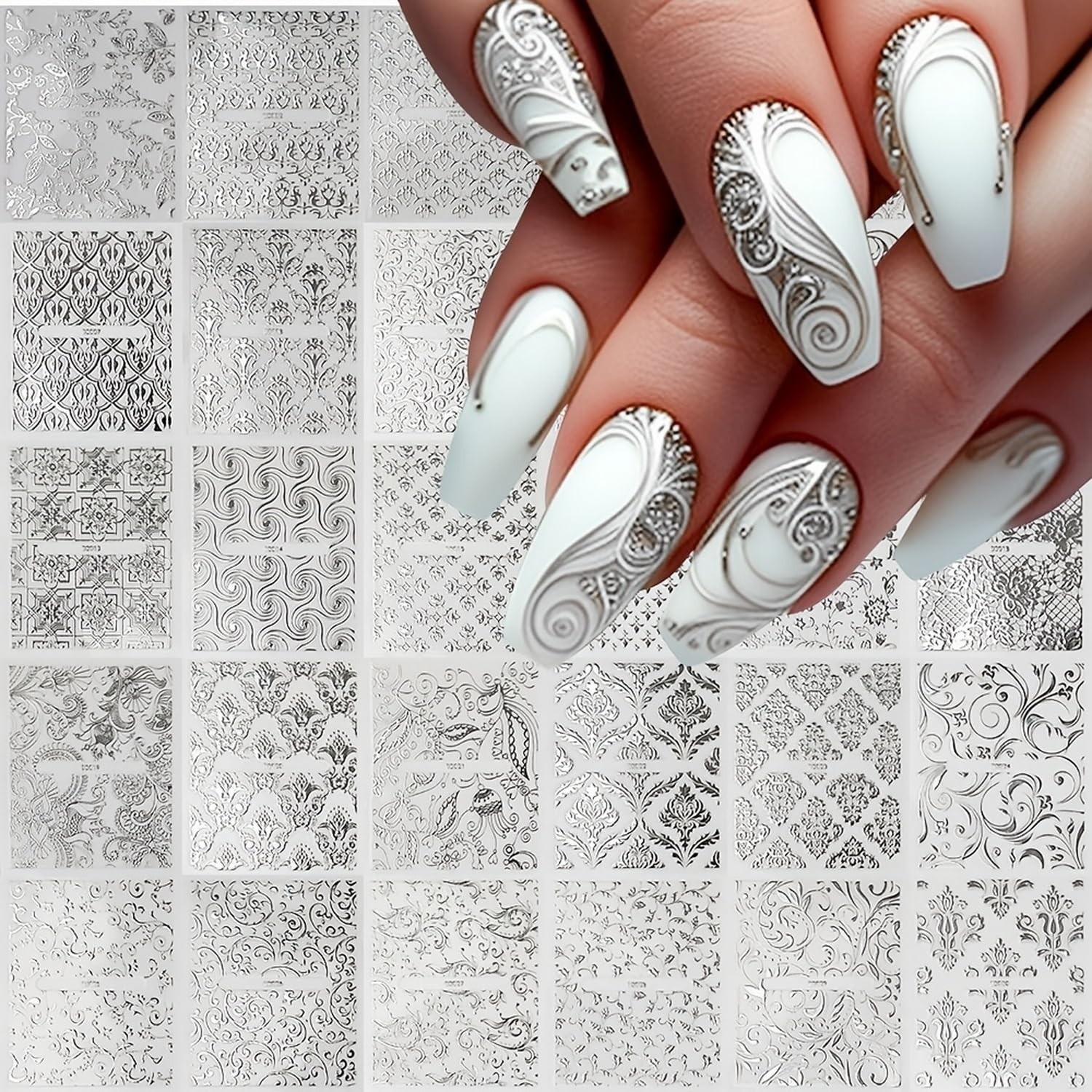 30 Quality Silver Lace Nail Decals – Easy Application for All Occasions