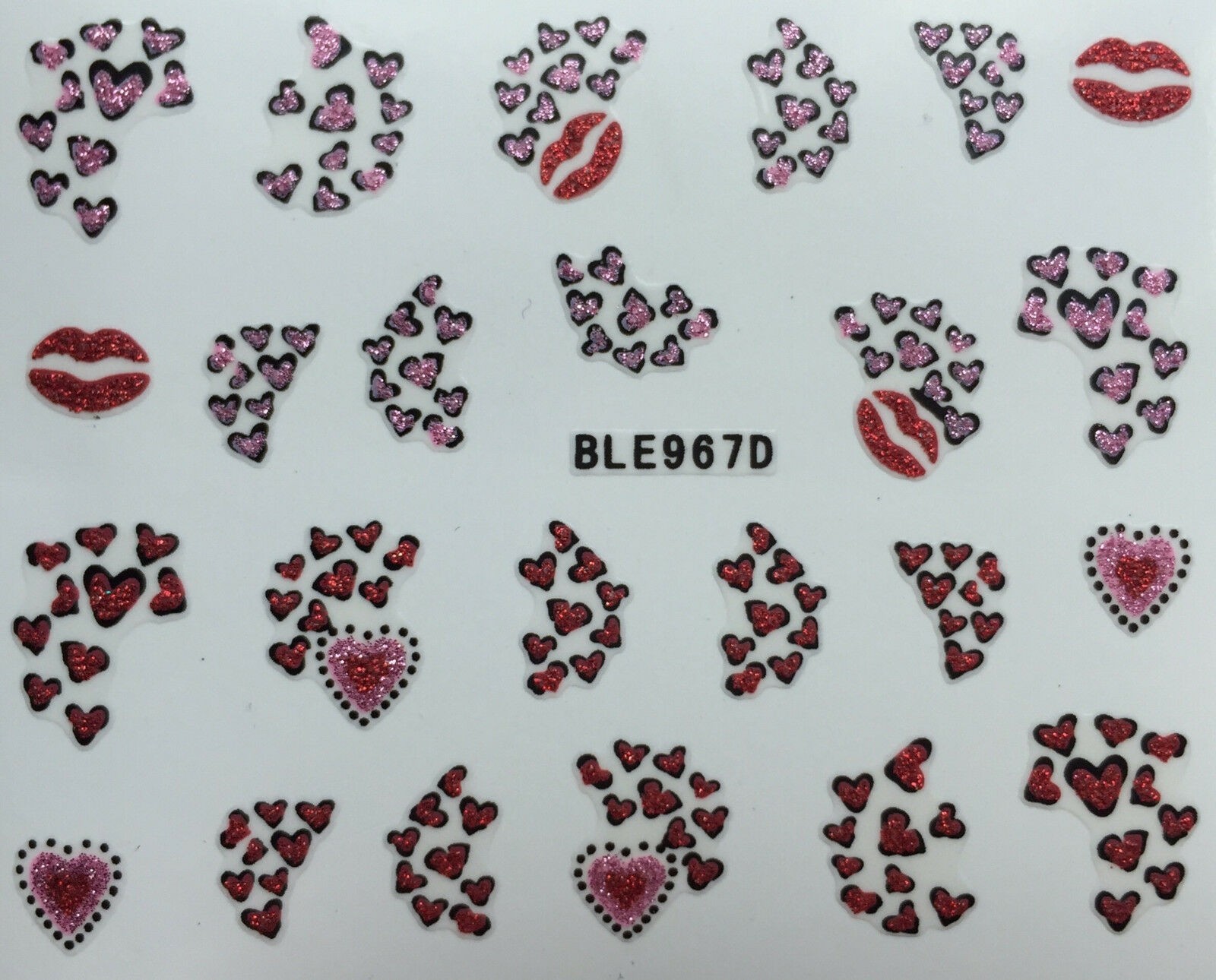 Nail Art 3D Decal Glitter Stickers Valentine’s Day Hearts Kiss BLE967D