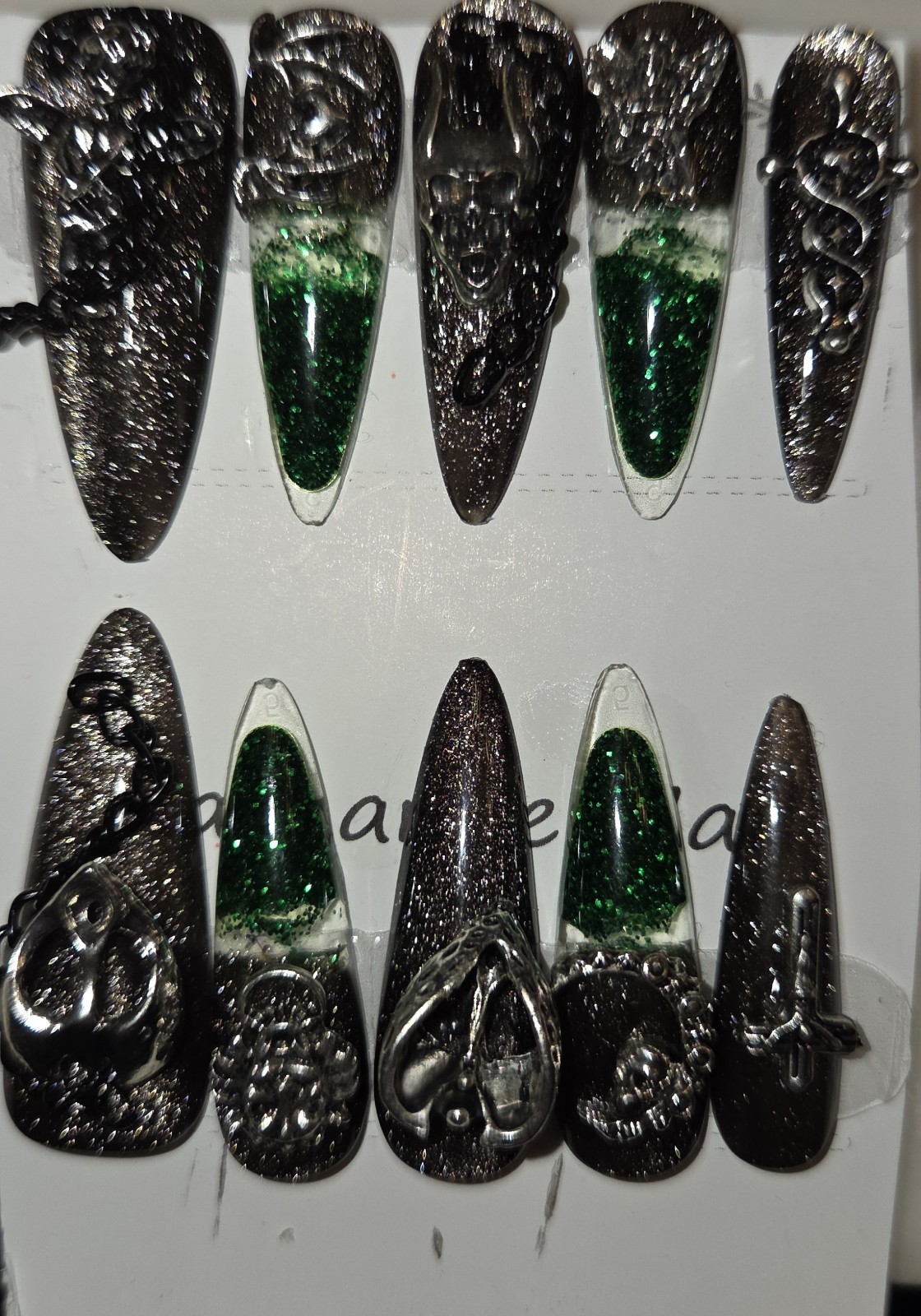 Water Long Stiletto Press-On Nails Black/Green/Silver Glitter with 3d Charms-M