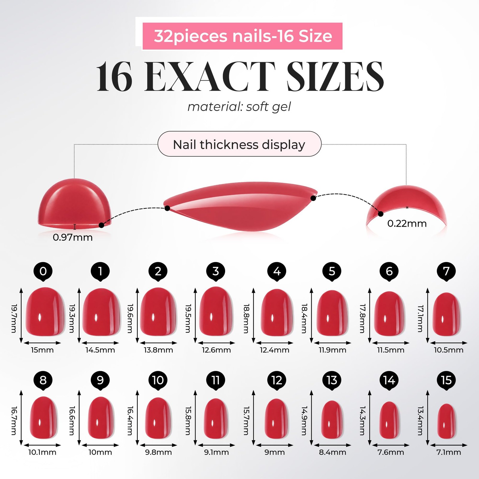 UNA GELLA Oval Press On Nails – 32Pcs 16 Sizes Classic True Red Fake Nails wi…