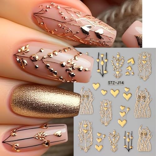 6 Sheets Nail Stickers 3D Nail Decals Bronzing Heart Metallic Love Leaf Gold