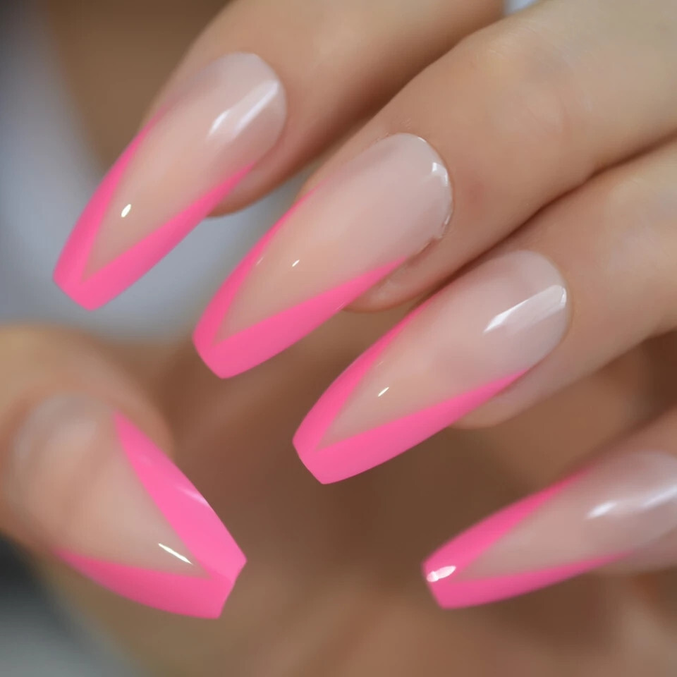 24 Press on Nails kit w Glue extra long Coffin nude hot pink neon