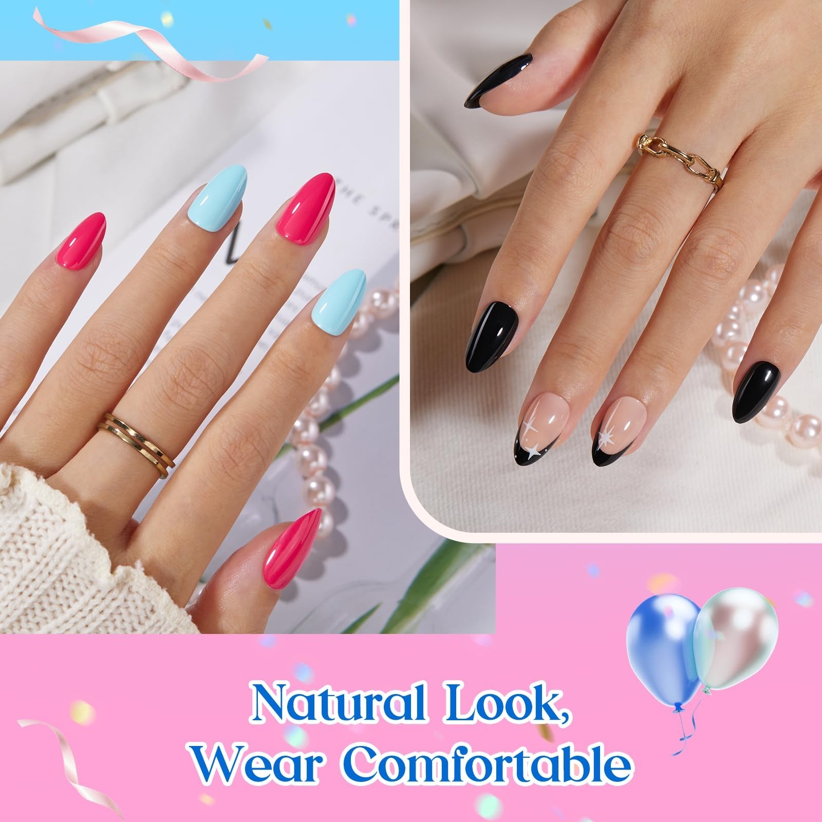 720Pcs Press on Nails Kit – 24 Colors Short Almond Glossy Matte Glitter, Nail Gl