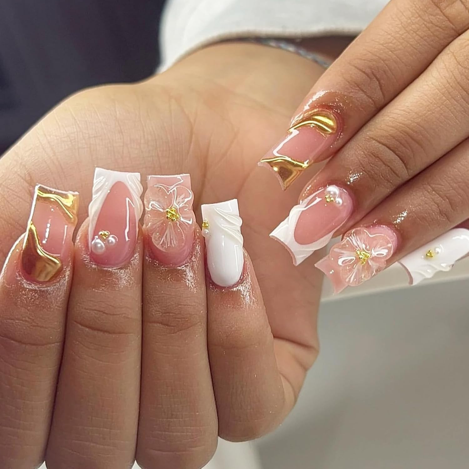 24Pcs Chrome Gold French Tip Press on Nails Short Square ABS Material False Nail