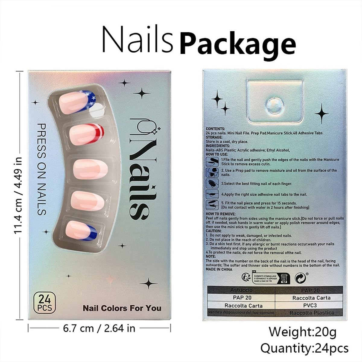 24Pcs French Tip Press on Nails Red Blue White Fake Nail Set for 4th of July