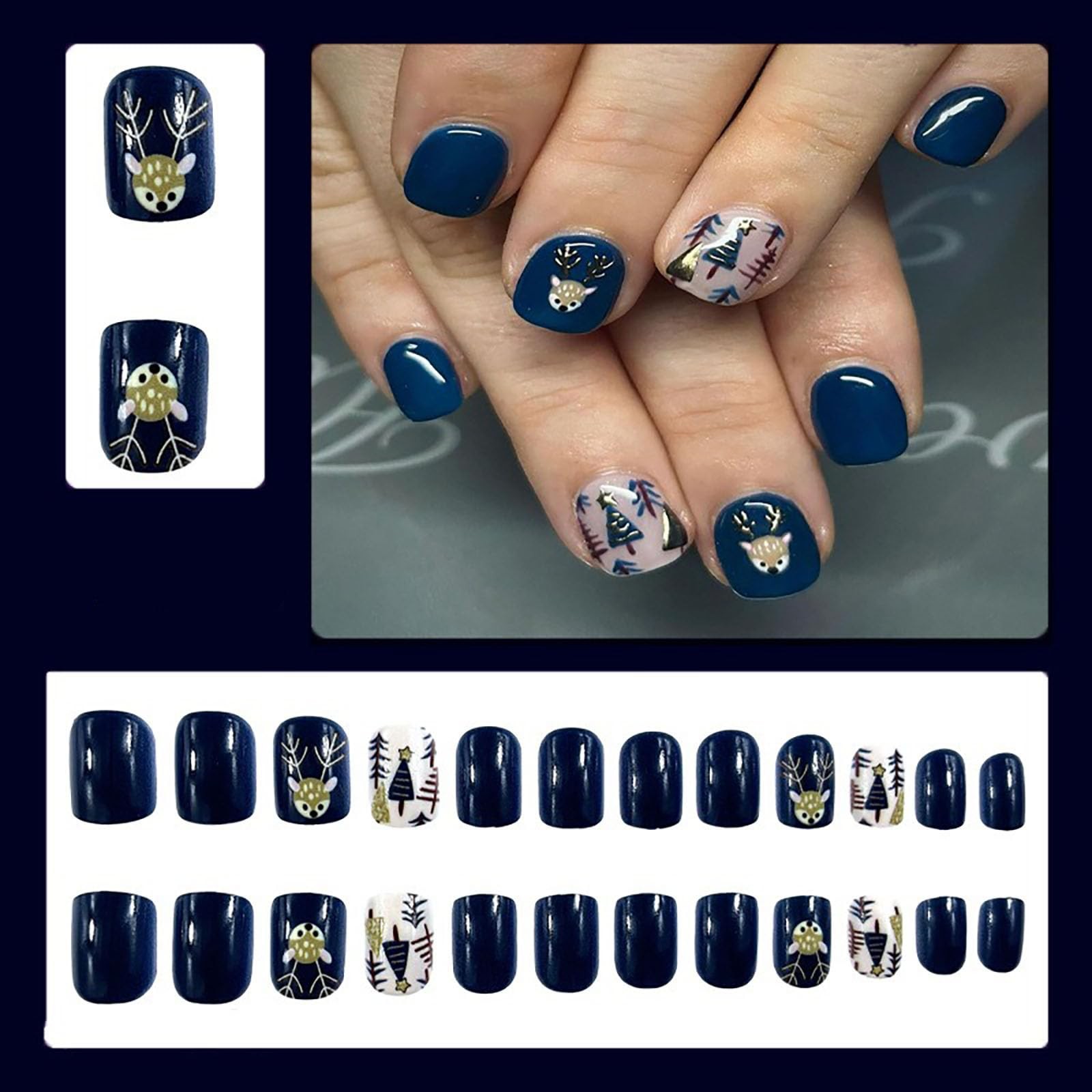 CHAONENG Milu Deer Christmas Press On Nails Short Square Blue 24Pcs
