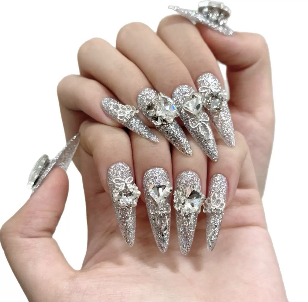 Luxury Silver Crystal Butterfly Press On Nails | Extra Long Stiletto Rhinestone