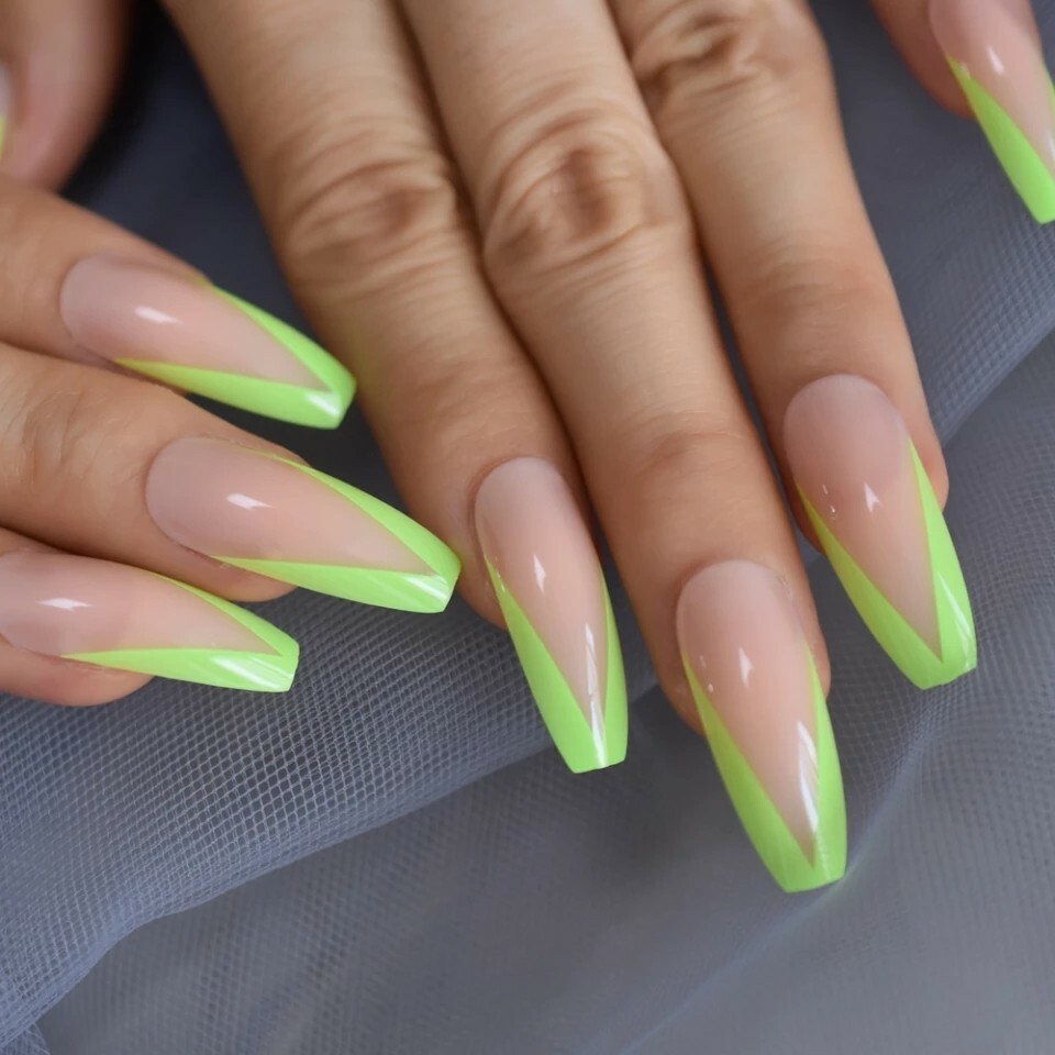 24 Nude Green Rim V Shape Press On Nails w/ Glue Coffin extra long neon