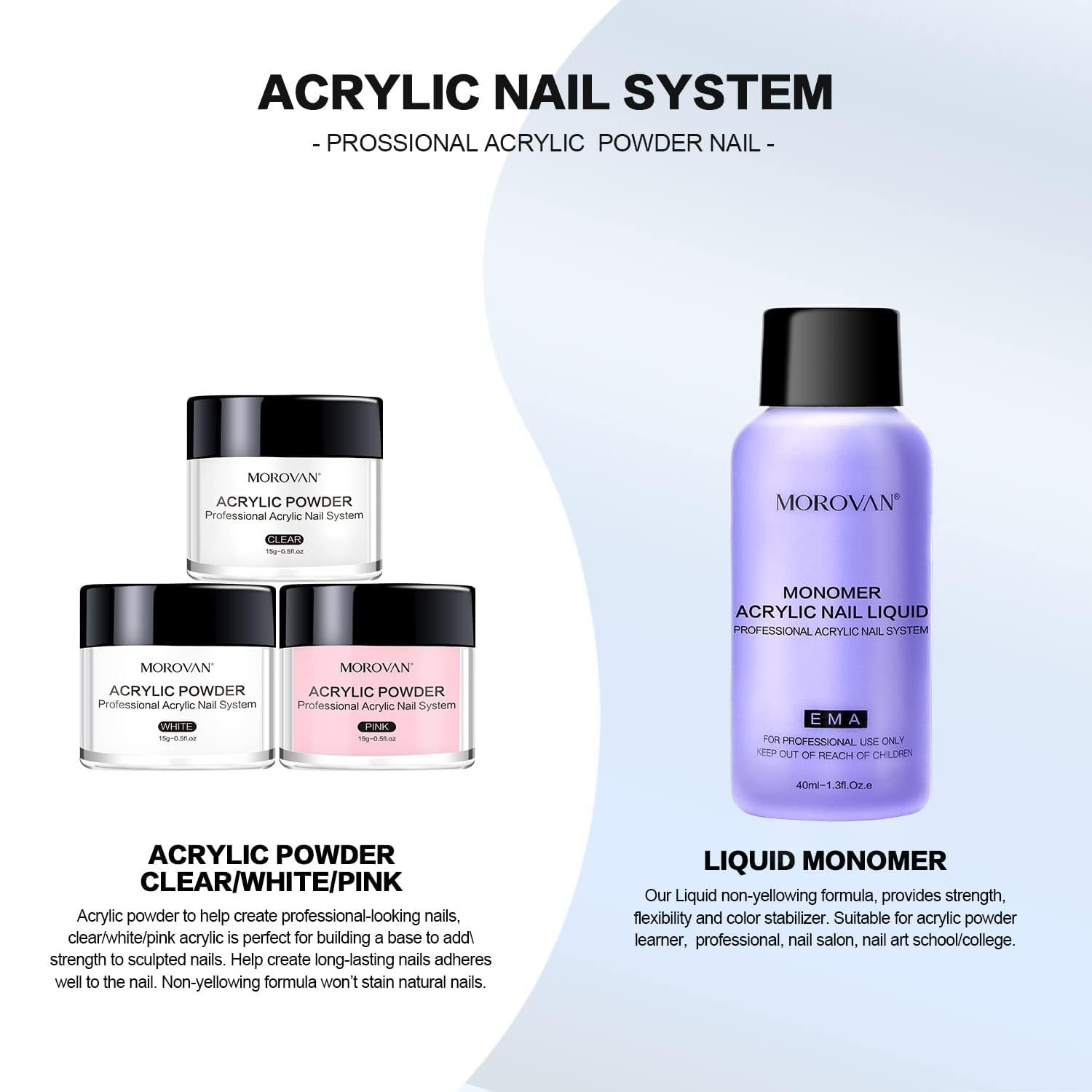 Acrylic Nail Kit: Clear Pink White Acrylic Powder and Professional Liquid Set fo