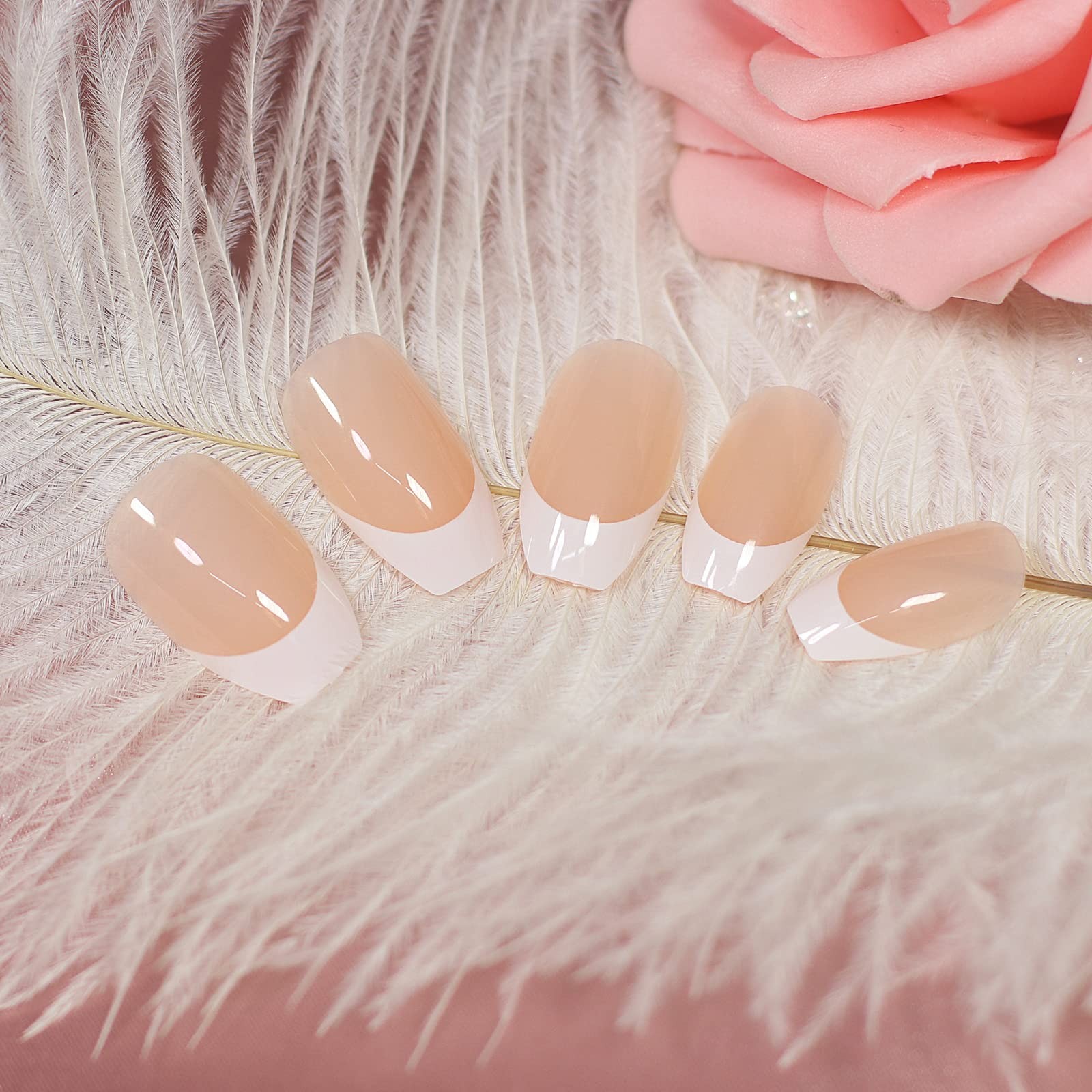 Natural French Tips, Glossy Clear Nude White Press on Nails False Nails, Beau…