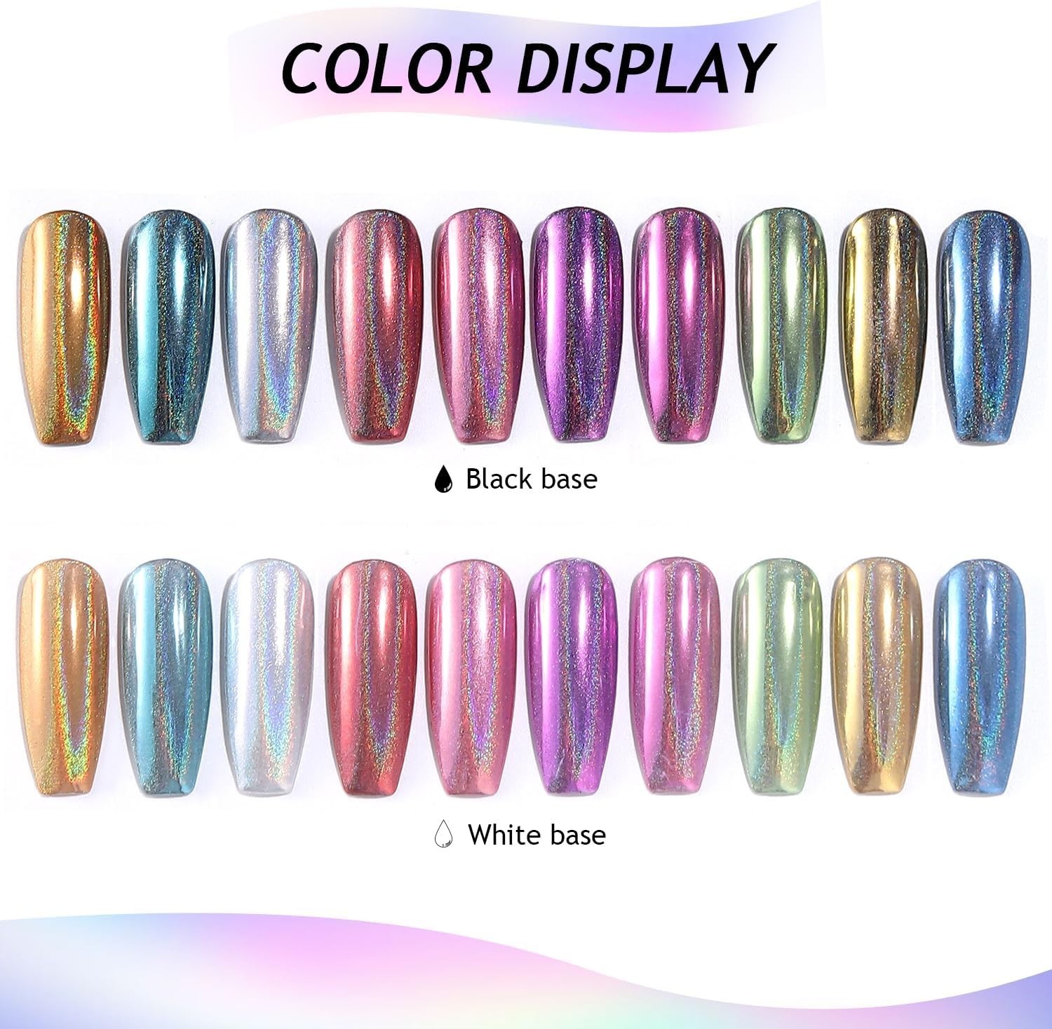 Furtherpretty Holographic Chrome Nail Powder, 10 Colors Metallic