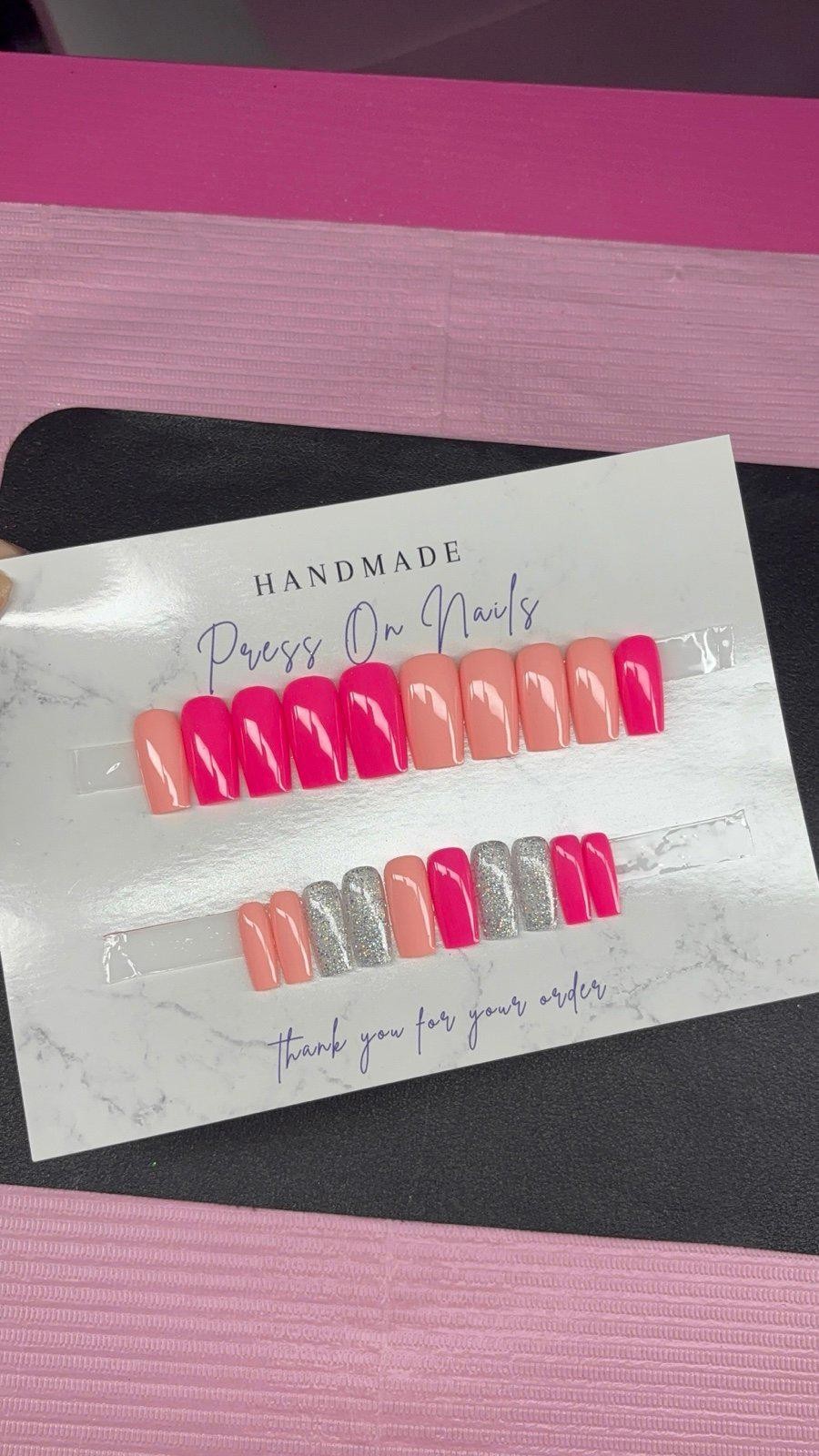 Medium square Press on nails silver glitter neon pink peach handmade gel