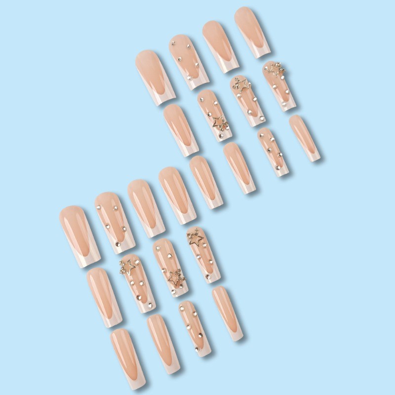 48pcs-Nude Base Nails with Iridescent White French Tips and 3D Star Gem Accents
