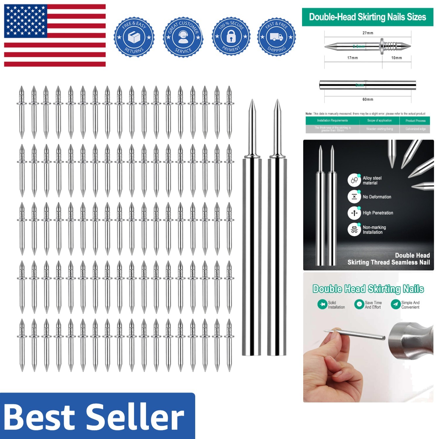 Double-Head Seamless Skirting Fasteners 250 Pcs with Tool – Easy DIY Renovations